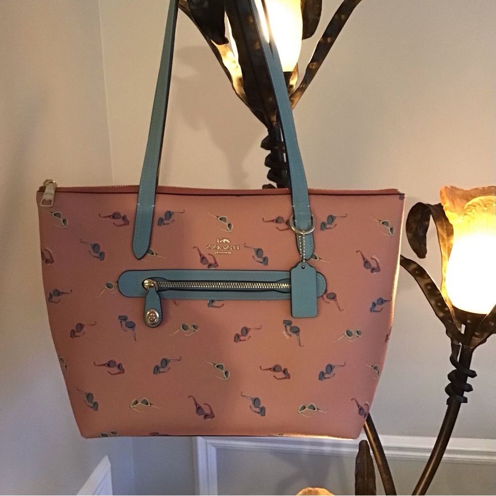 Coach Coral Tote with Blue Details & Sunglass Print